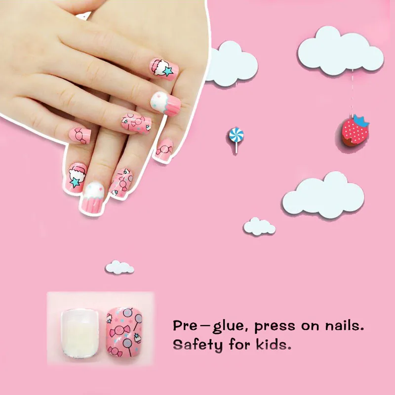 24pcs 15 Designs Short Head Cute Bear Strawberry Heart Fake Nails Press on Children Candy False Nail Tips Manicure Beauty Tools | Красота и