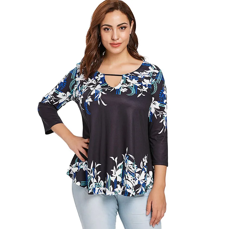 PlusMiss плюс размер 5XL L с цветочным принтом Футболки туники женские весна 2018 Boho