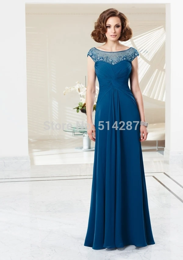 Vestido De Madrinha Elegant Chiffon Blue A-Line Sequined Cap Sleeve Evening Dress Mother Of the Bride Dresses 2014 New Arrival | Свадьбы и