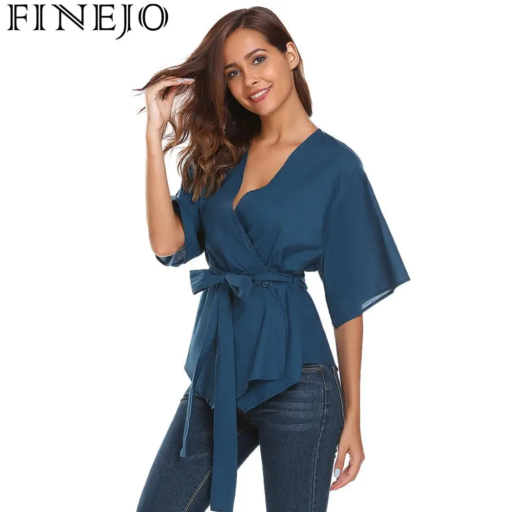 Женская Однотонная футболка с v-образным вырезом и коротким рукавом FINEJO | одежда