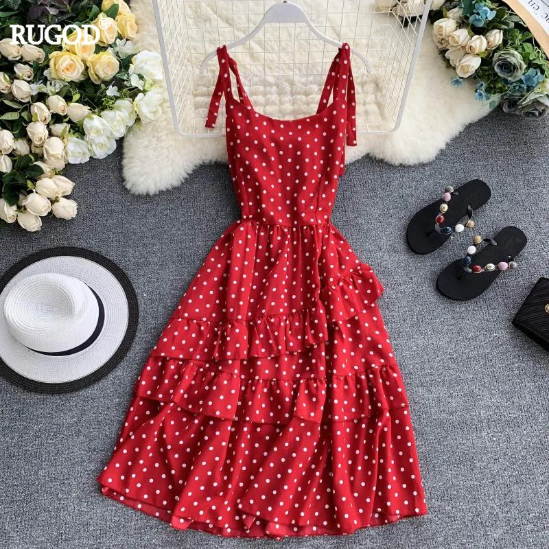 RUGOD Women Polka Dot Print Ruffle Dress 2019 Summer Spaghetti Strap Irregular Midi Preppy Style Korean Lady Vestido | Женская одежда