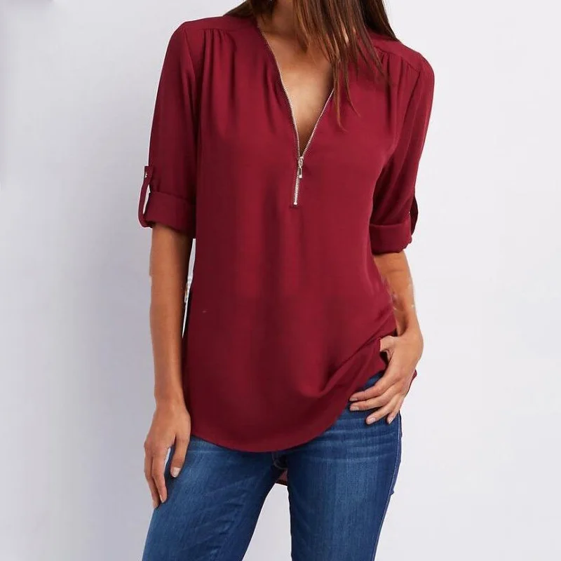 Корейская Свободная рубашка с длинными рукавами и v образным вырезом на молнии