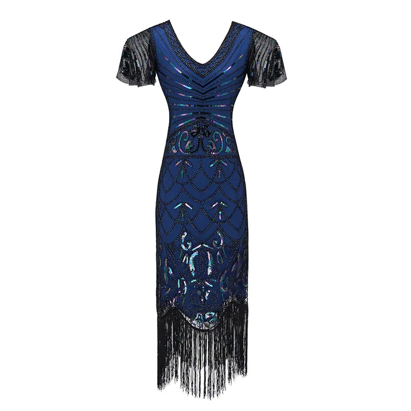 Blue 1920s винтажное платье в стиле Грейт Гэтсби, вечерние платья с блестками и кисточками, женское вечернее платье с v-образным вырезом и короткими рукавами, одежда для латинских танцев - Цвет: Blue