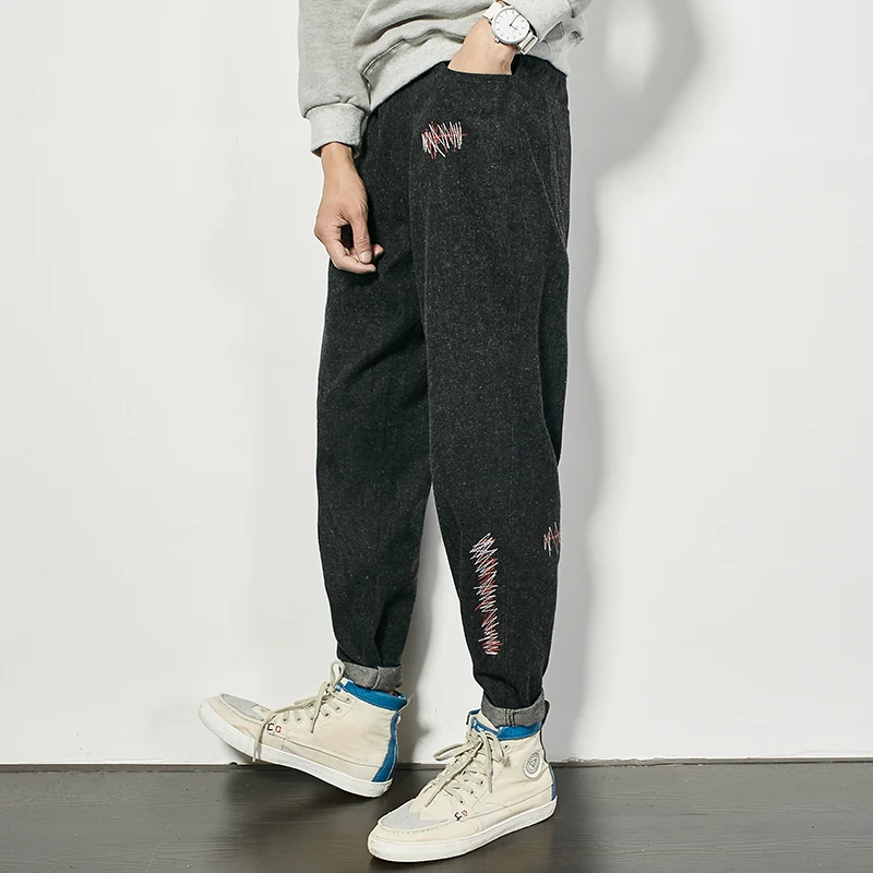 Новый Японский вышивка Джинсы Мужчины Ретро Черные брюки случайных ноги