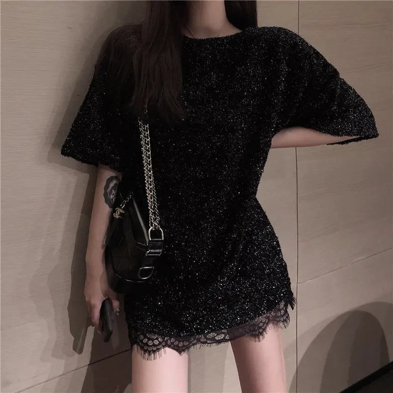 Alien Kitty Black Lace Fashion Simple O-Neck Fresh Solid 2019 Casual Female High Quality Summer Free Half Sleeves Cotton T-shirt |