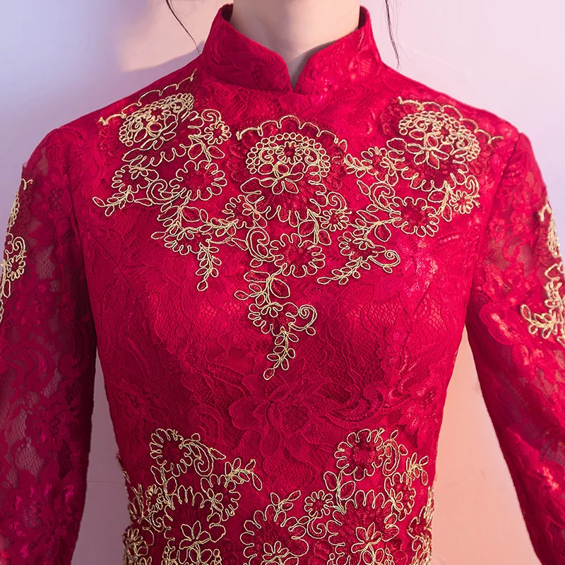 

Red Bride Party Dress Womens Lace Cheongsam Noble Chinese Style Elegant Long Qipao Luxury Wedding Robes Clothes Vestido XS-XXL