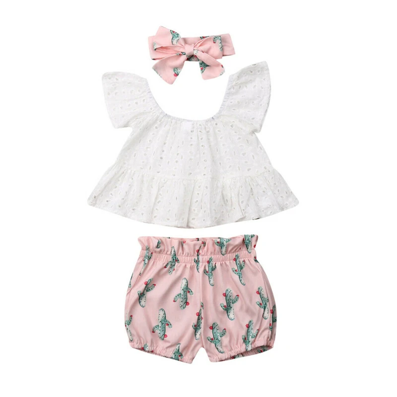 3 шт. кружевная футболка с открытыми плечами и шорты кактусами|Комплекты одежды| |