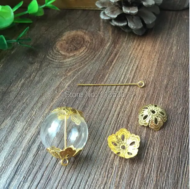 

100set 20mm Glass Global Vial with Two Hole on Each Side&Flower Beads Cap &Eye Pin DIY Glass Cover/Vial Pendant Jewelry tools