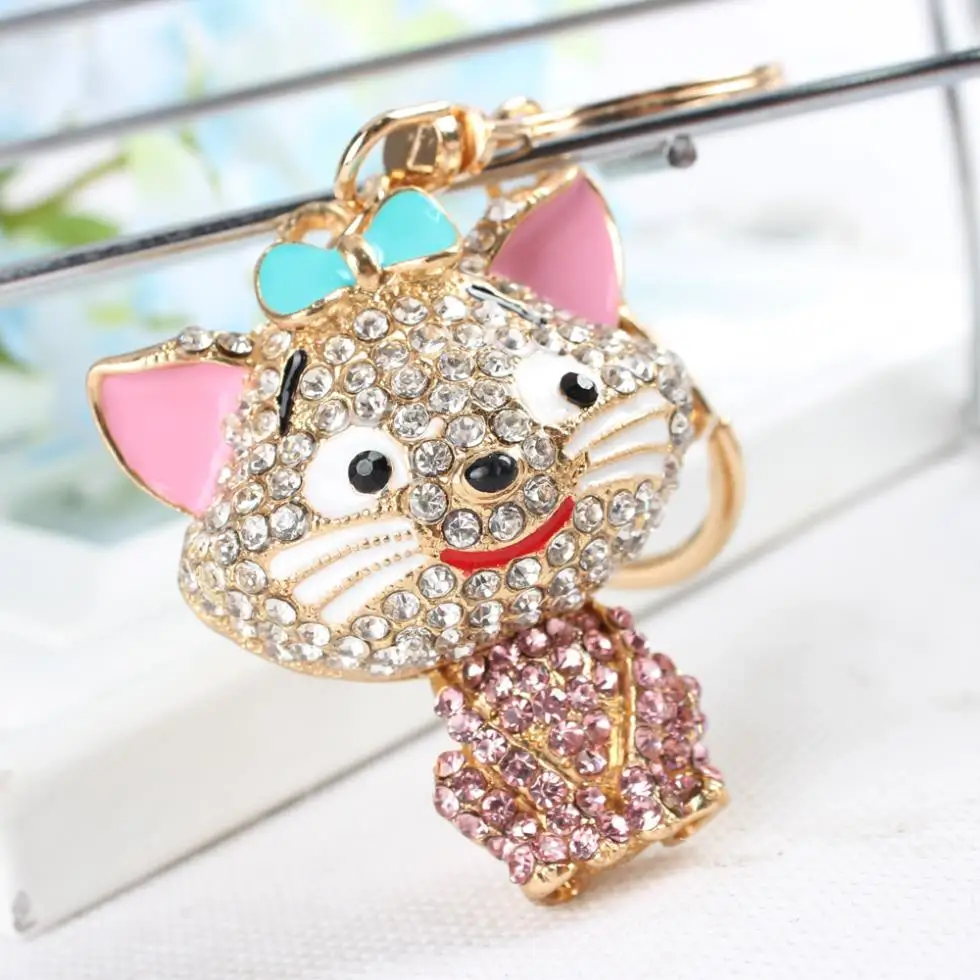 

Smile Stand Cat Keyring Lovely New Fashion Cute Rhinestone Crystal Purse Bag Key Chain Women Wedding Party Birthday Gift