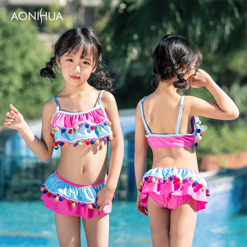 AONIHUA/купальный костюм из двух предметов для девочек украшенный боллами Лоскутная