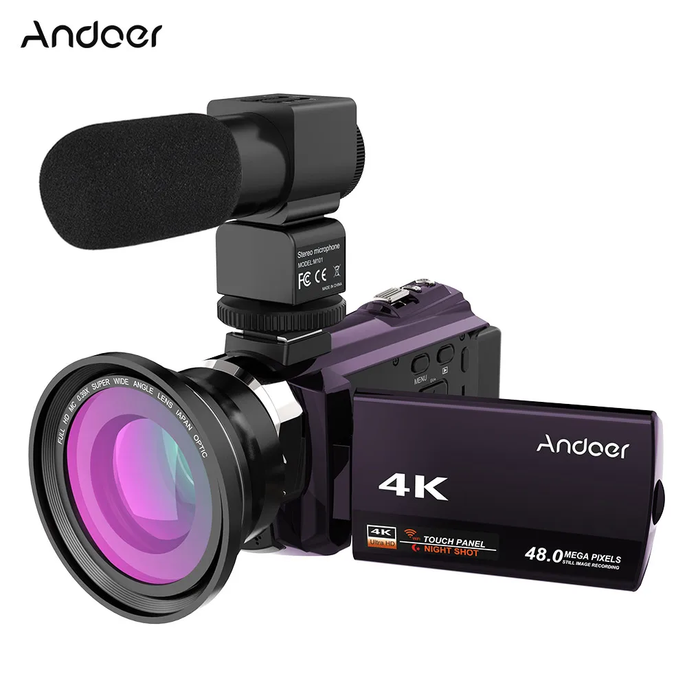 Andoer 4K 1080P 48MP WiFi цифровая видеокамера регистратор с 0.39X широкоугольным