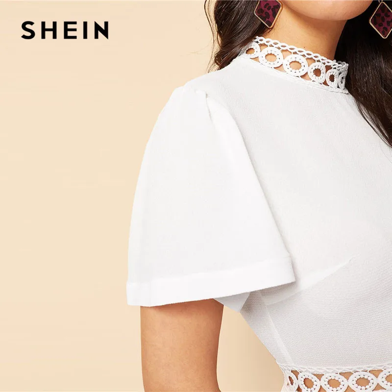SHEIN Нарядная Блуза С Ажурными Вставками, Блуза С Средним Рукавом, Приталенный Топ С Кружевной Вставкой