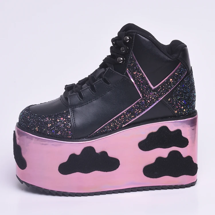 

Newest Lace-up Casual Shoes Bling Autumn Platform Wedge Shoe for Woman Round Toe Glitter Embellished Cloud Stars Patchwork Shoes