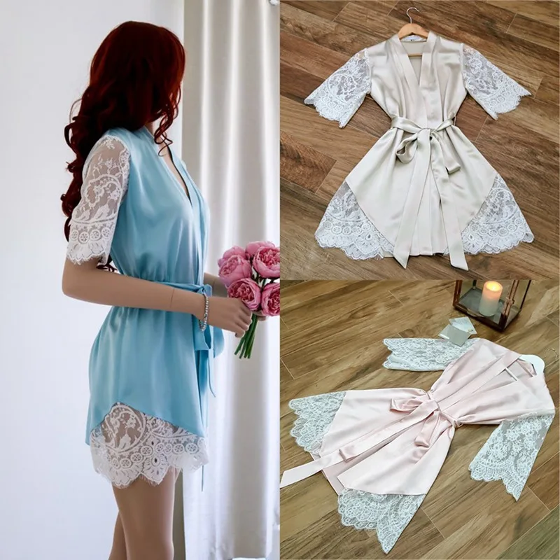 Халат с кружевным рукавом женская пижама из искусственного шелка сексуальная