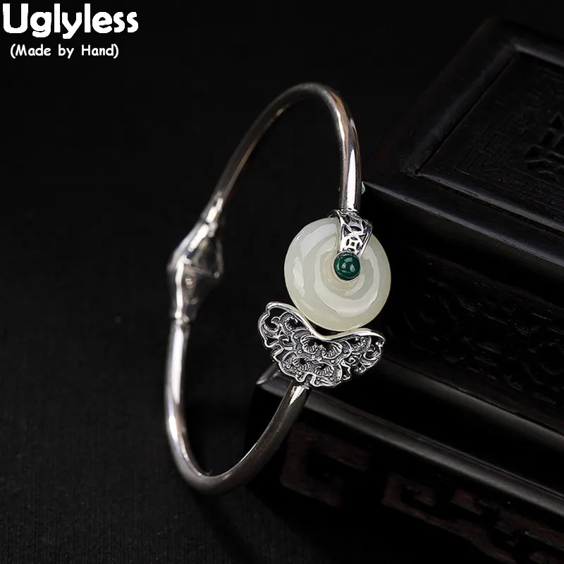 

Uglyless 100% Real 925 Sterling Thai Silver Butterfly Bangles for Women Natural Jade Button Open Bangle Ethnic Fine Jewelry Gems