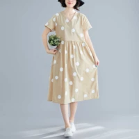 0460 cotton linen midi dress for women polka dot printed o neck v neck casual high waist pleated dress female casual summer