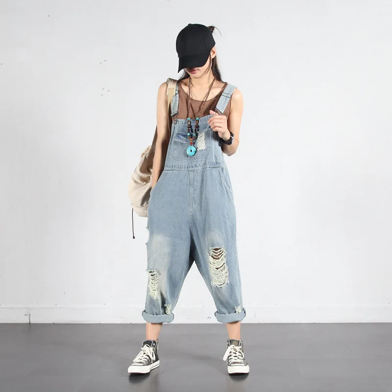 Женская Повседневная потертая белая рваные джинсовые комбинезоны с