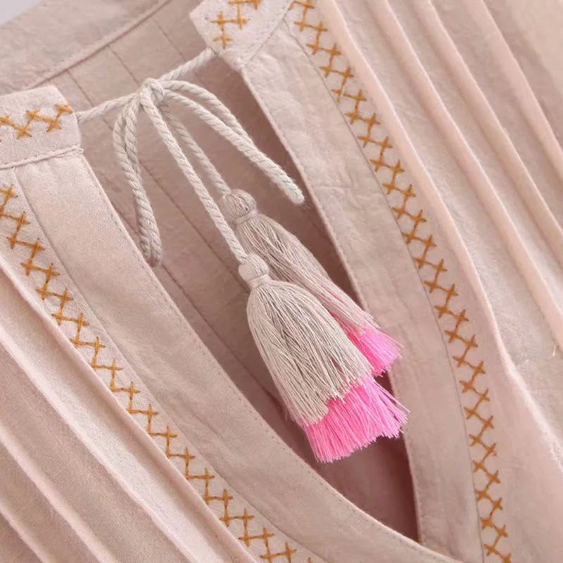 Женские пляжные Топы Boho Chic винтажная блузка с бахромой и цветочной вышивкой