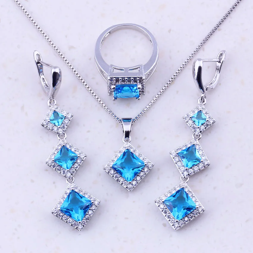 

2017 New Products Sky Blue Crystal 925 Sterling Square Jewelry Sets For Women Fashion Jewelry Free Shipping J0041