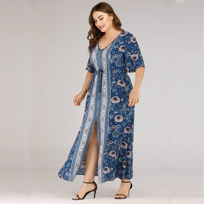 Женское летнее Boho Макси длинное платье плюс размер V шеи короткий рукав цветочный принт Boho пляжное платье синий женский жакет платья