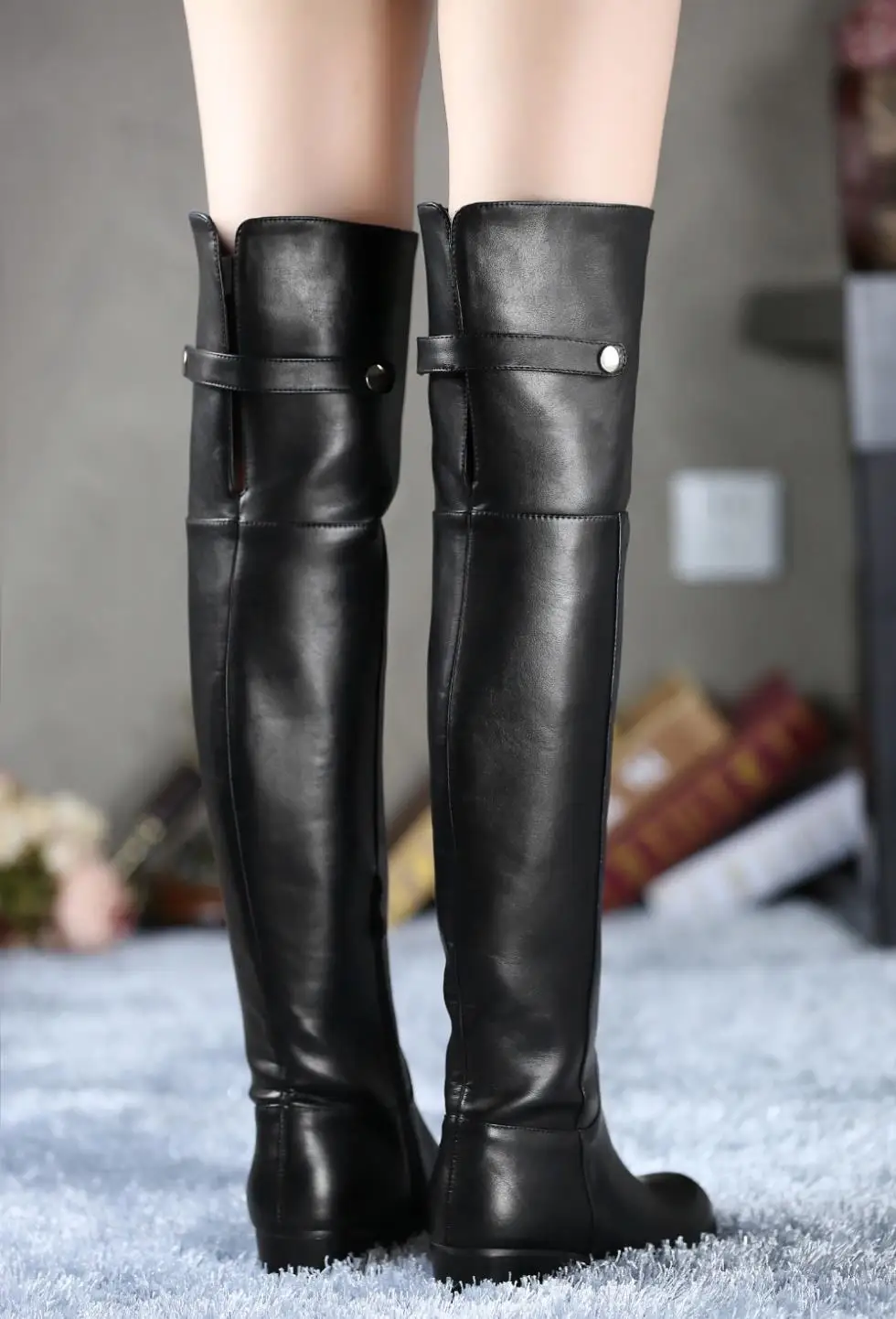 Winter Fashion Bota Over-the-Knee For Femininas 2014 Soft Leather Round Toe Size34-43 Slip-On Buckle Black ShoesQ1261 |