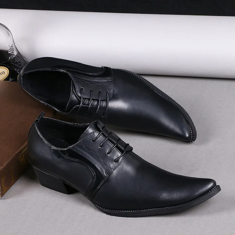 

Mens Formal Shoes Genuine Leather Pointed Toe Increased Casual Business Black Flats Lace-up Sleeve Wedges