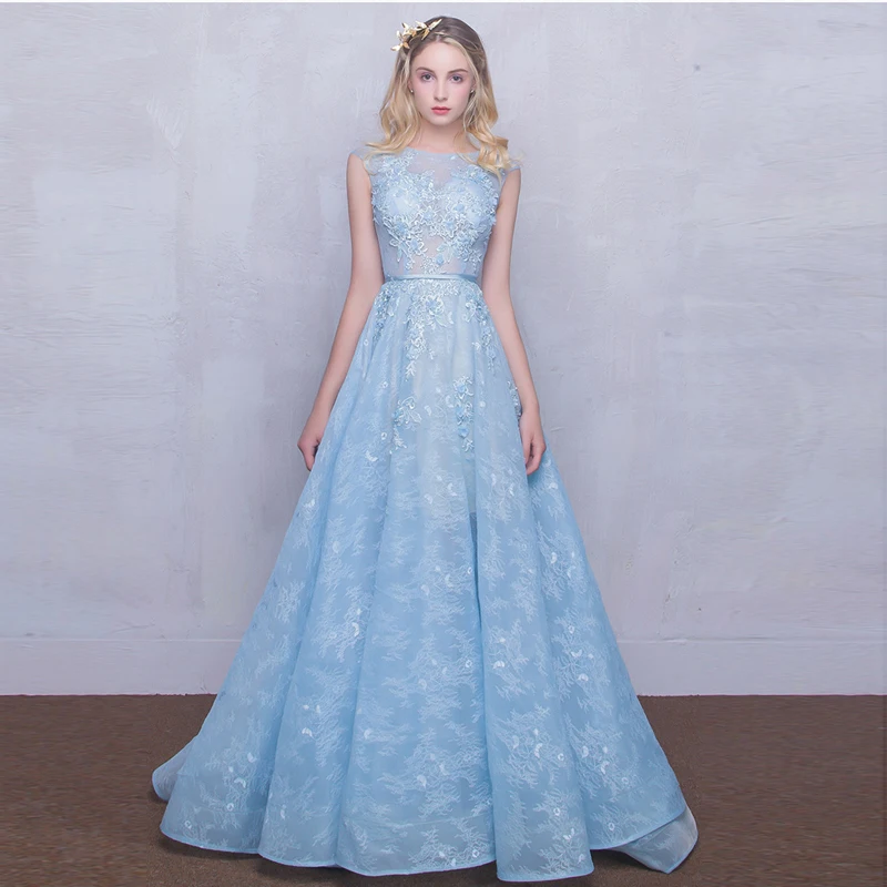 Sweet Baby Blue See Through Бисер кружева Vestidos De Festa Цветочные Аппликации Онлайн платья для