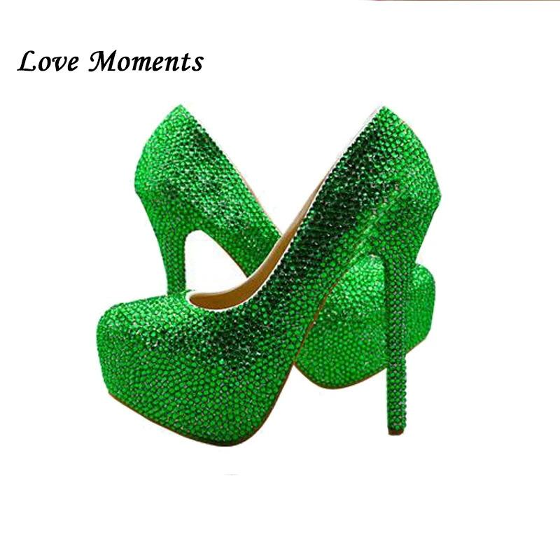 Love Moment/новые женские туфли на платформе и высоком каблуке украшенные зелеными