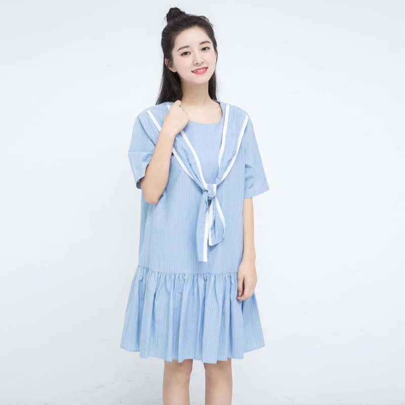 Платье женское летнее в белую и синюю полоску с бантом коротким рукавом|dress