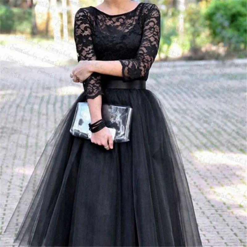 Женское вечернее платье с длинным рукавом черное кружевное из тюля|Женские