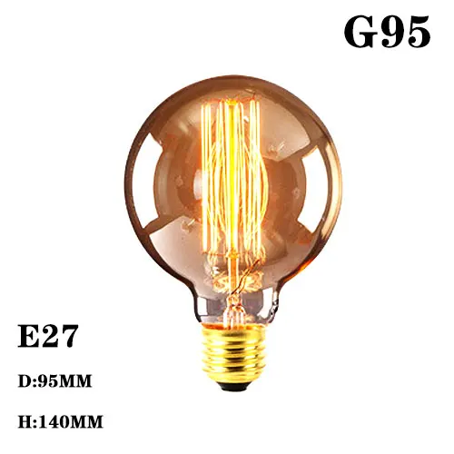 Винтаж лампа накаливания Эдисона E27 подвесной светильник в стиле ретро 220V 40W лампа накаливания светильник Лампада Античная T45 ST64 T30 G95 T10 украшения - Цвет: G95 Type 2