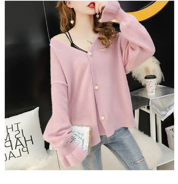 Knit Sweater Women Flare Long Sleeve Korean Sweaters Cardigans Solid Outwear V Neck Autumn Winter Sueter Mujer |