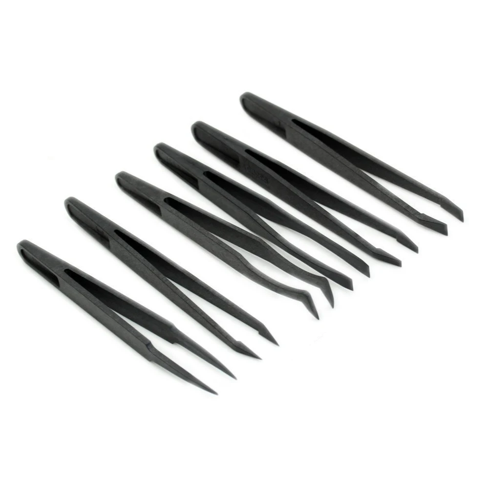 

Hot- 6PCS Precision Tweezer Set Plastic Anti Static Tool Kit Size 1/2/3/5/6/8 each one(Black)