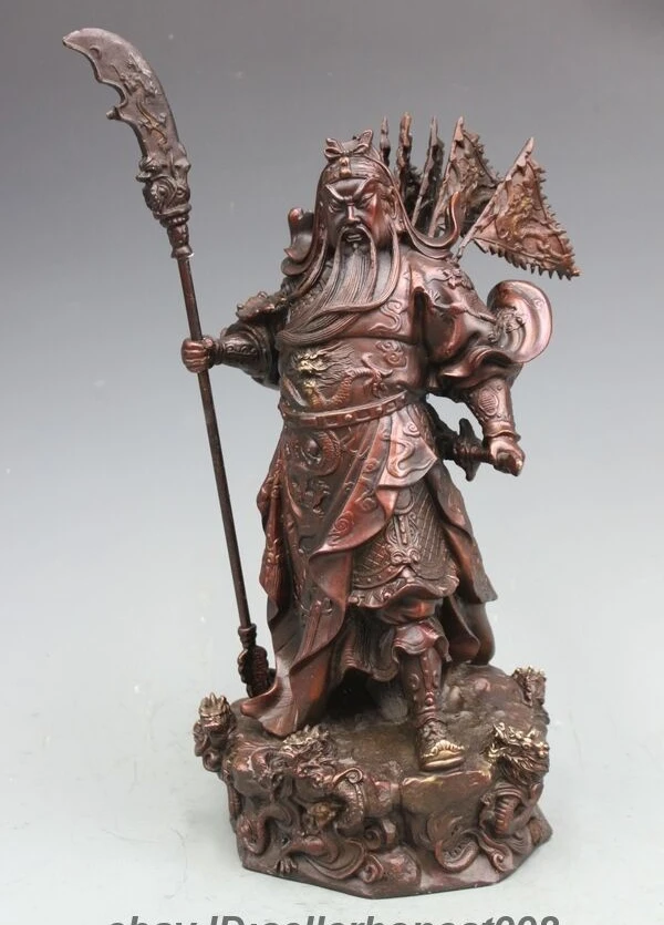 Китай Бронзовый 5 молитвенный флаг Дракон Гуань Гонг Юй Воин Бог Будда статуя |