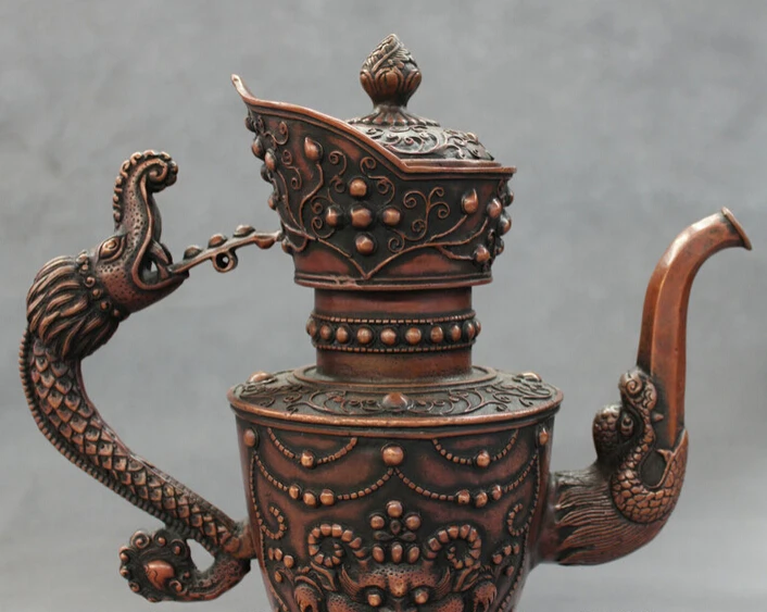 free shipping USPS to USA S1220 10&quot Chinese Red Copper Bronze Buddhism Dragon Head Statue Lion Wine Pot Teapot | Дом и сад