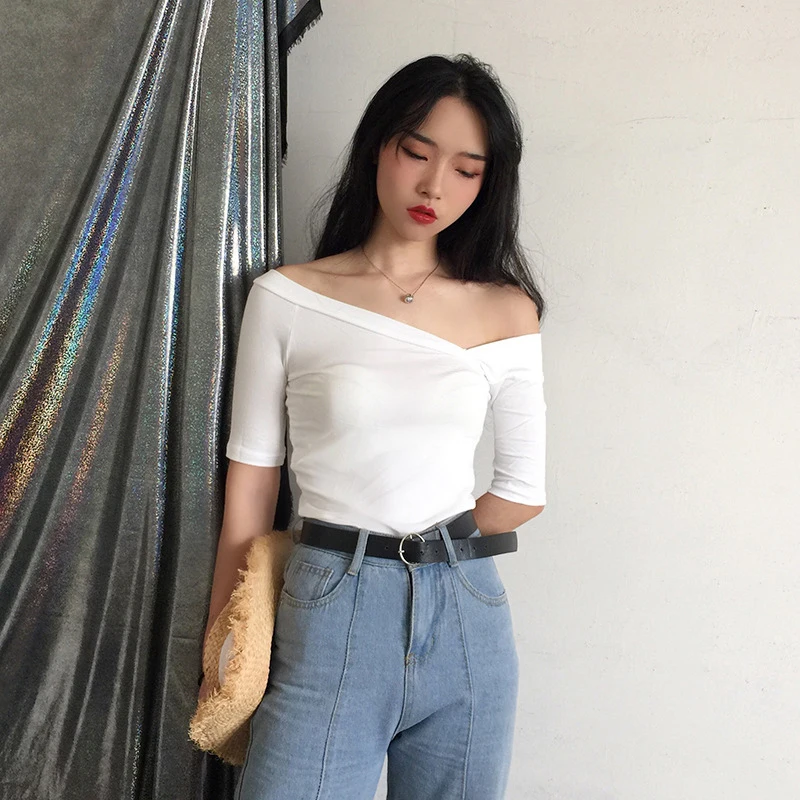 Летняя Модная Тонкая футболка с открытыми плечами белые футболки коротким