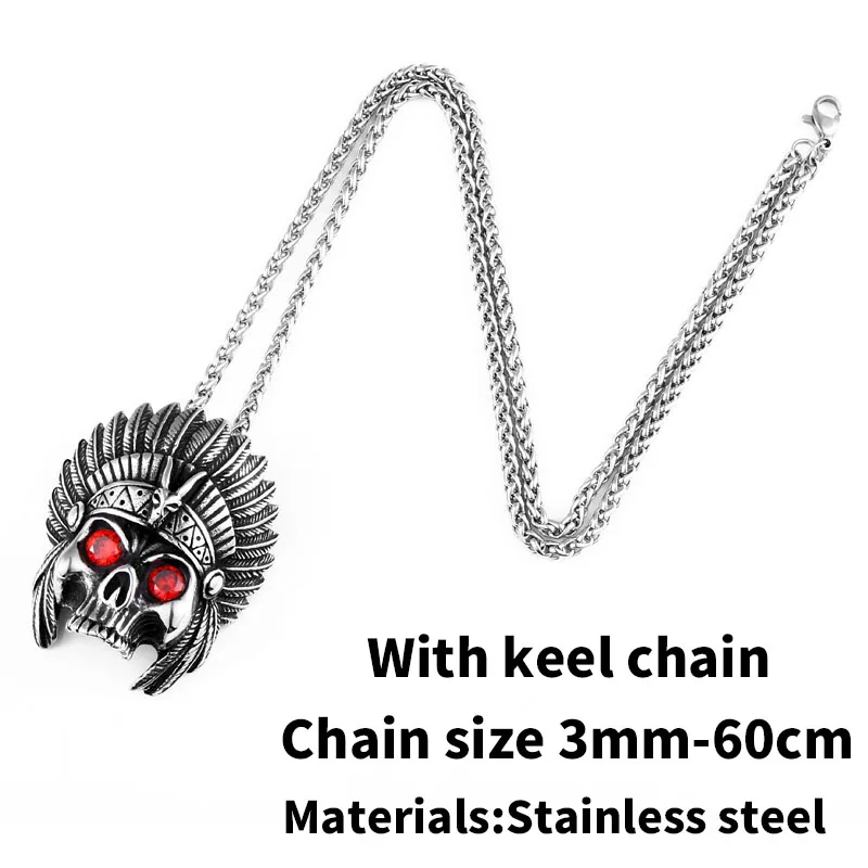 with keel chains Стальной солдат панк cheif дизайн череп кулон ожерелье с красным камнем цепь из нержавеющей стали Байкер огромный тяжелый мощный ювелирные изделия - Окраска металла: with keel chains