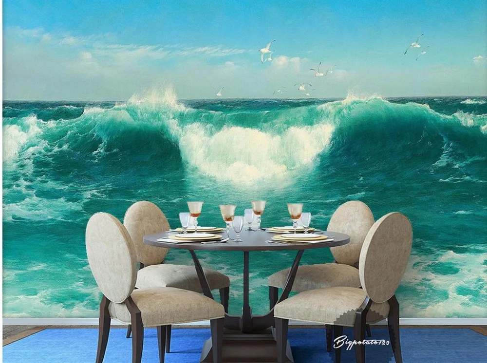 3D обои на заказ синее небо белые облака зеленые морские воды волны морской вид