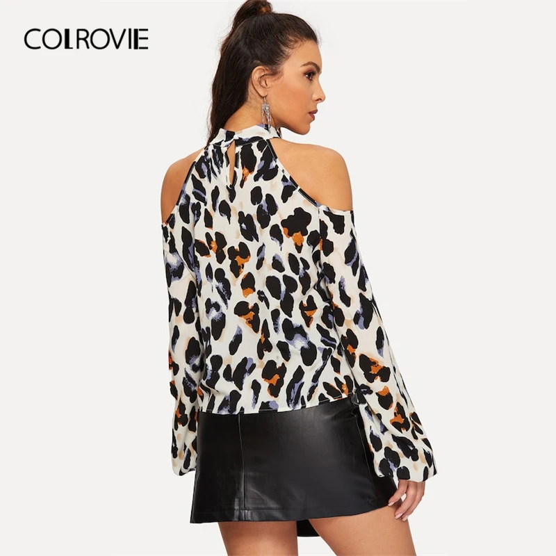 COLROVIE, открытые плечи, леопардовая расцветка, блузка, женские рубашки, весна, корейская мода, длинный рукав, рубашка, элегантная, для офиса, для девушек, топы
