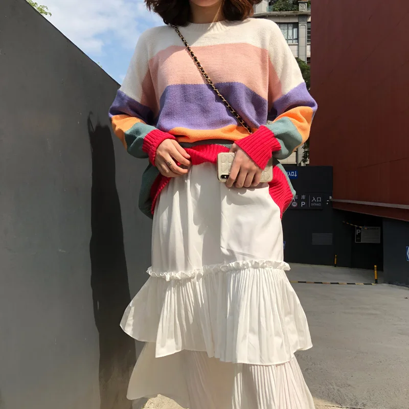 Корейская мода свободная формальная повседневная белая плиссированная юбка