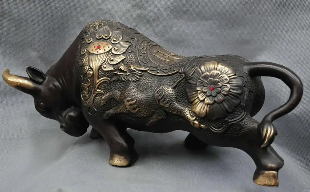 22 &quotКитайский Бронзовый Фэншуй Зодиак Бык Вырезать Лотоса Дракон Kylin Статуя