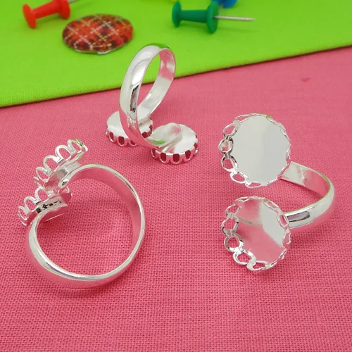4pcs  fit 10mm-12mm Wholesale Silver Plated Ring Blank Jewelry with Double Lace edge Bezel Setting Tray Cameo Cabochons