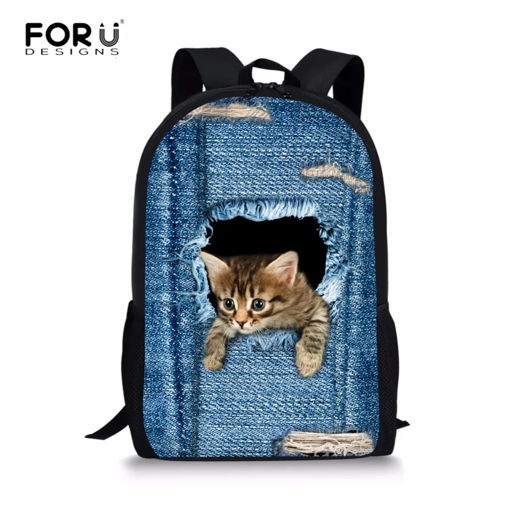 FORUDESIGNS/милый 3D животное кошка джинсовые рюкзаки дети обувь для девочек ортопедические повседневное Путешествия Рюкзак Для Детей школьников Mochila