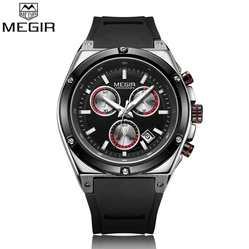 black silver Relogio Masculino MEGIR мужские часы Топ люксовый бренд хронограф спортивные наручные часы военные армейские деловые резиновые мужские часы 2073 - Цвет: black silver