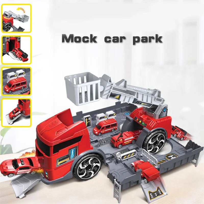 Kids Puzzle Toys Deformation Fire Engineering Vehicle Storage Parking Lot Parent-Child Interaction Inertia Car Model Set