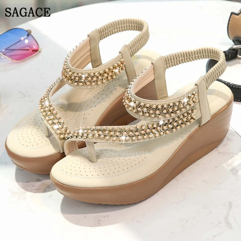 SAGACE/богемные женские босоножки на танкетке со стразами Пляжные вьетнамки