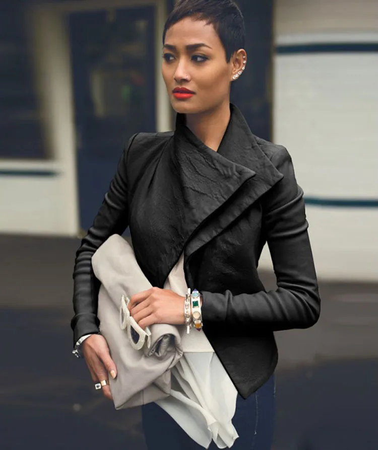 Autumn New Zipper Motorcycle Jacket Women Irregular Large Lapel Pu Black White Leather Jacket Casual Faux Leather Jackets