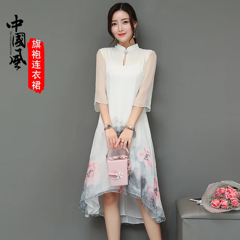 Ретро Китайский Стиль печати Cheongsam 2018 новый летний dressthree квартал рукава