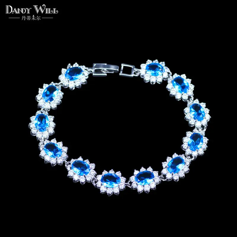 

Luxury Sky Blue Crystal Women Jewelry Flower Chain Link Bracelet Bangle With White Cubic Zirconia Setting SZ005.1