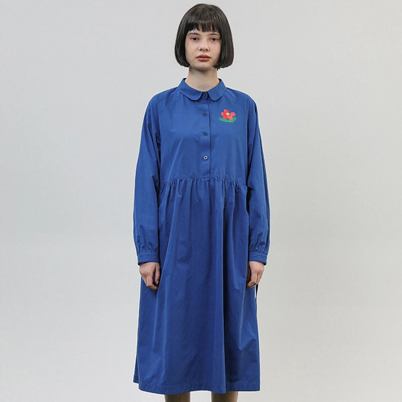 

Preppy style Summer Spring Women Cotton Dress Blue Flower Printed Ladies Loose Casual High Waist Female Dresses Mid-calf